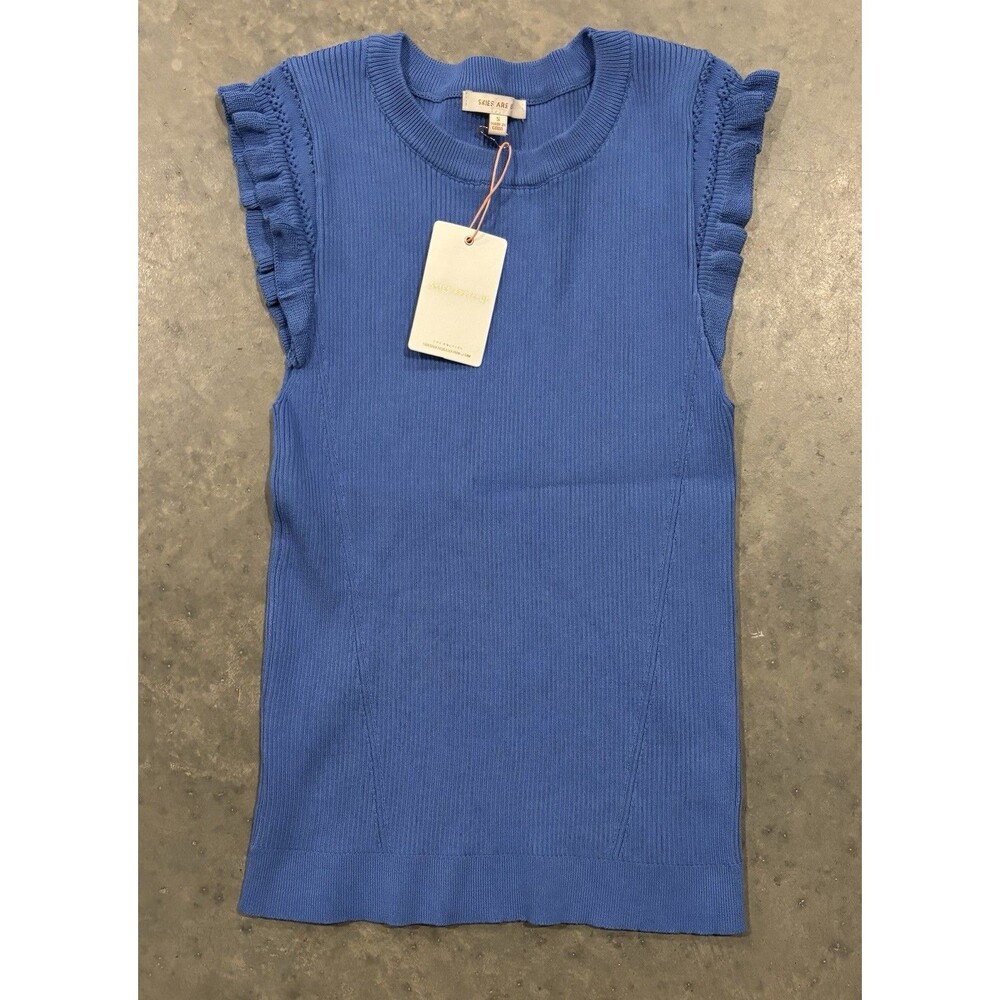 NEW Skies Are Blue Women's Small Ribbed Ruffle Sleeve Knit Sweater Blue Top